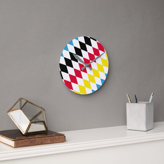Black Red Yellow Blue Bavaria Diamond Flag Pattern Round Clock (Office)