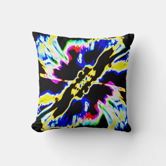 Black, Red, Yellow, Blue Space Flower Design Throw Pillow (Front)