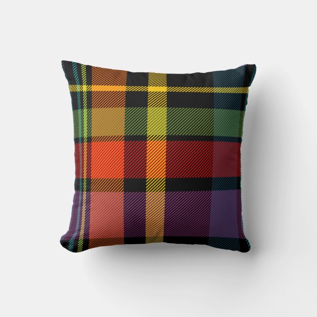 Black, red, yellow, green and purple tartan throw pillow (Front)