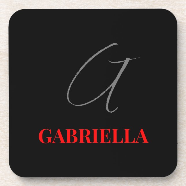 Black Red Your Name Initial Monogram Beverage Coaster (Front)