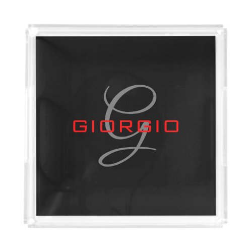 Black Red Your Name Initial Monogram Modern Acrylic Tray
