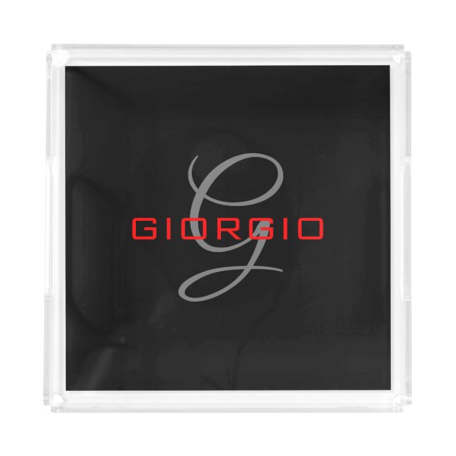 Black Red Your Name Initial Monogram Modern Acrylic Tray (Front)