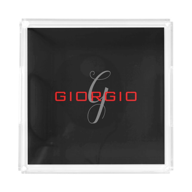 Black Red Your Name Initial Monogram Modern Acrylic Tray (Front)