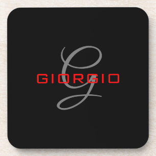 Black Red Your Name Initial Monogram Modern Beverage Coaster