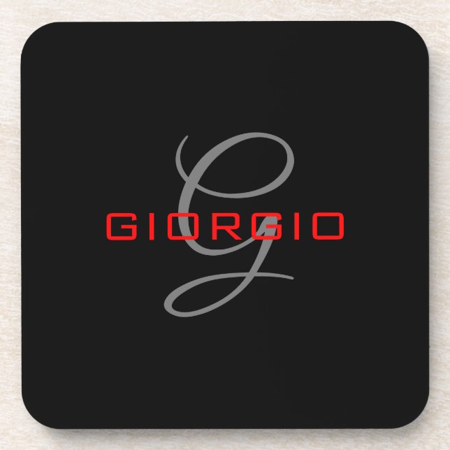 Black Red Your Name Initial Monogram Modern Beverage Coaster (Front)
