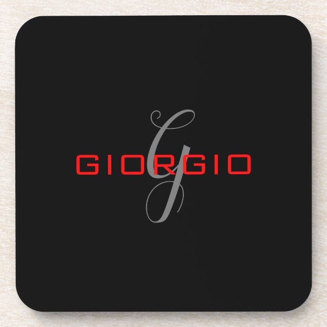 Black Red Your Name Initial Monogram Modern Beverage Coaster (Front)