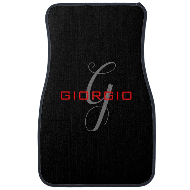 Black Red Your Name Initial Monogram Modern Car Floor Mat (Front)