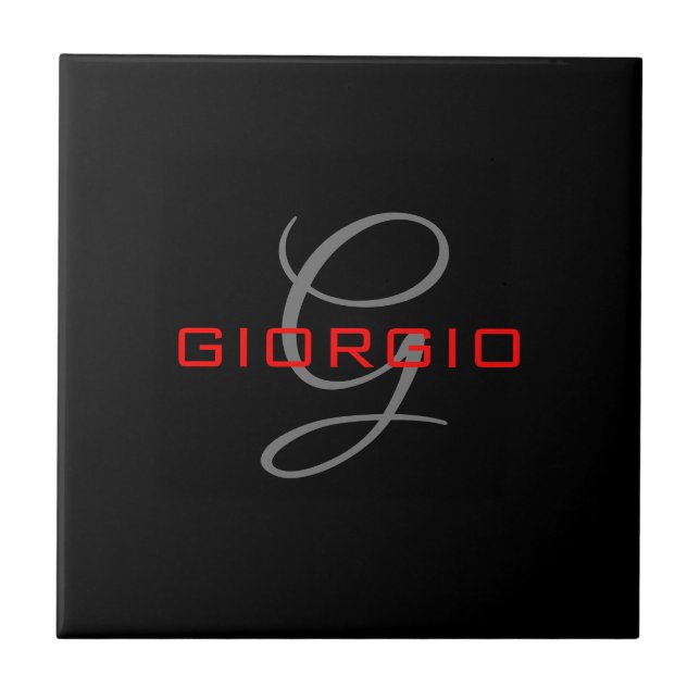Black Red Your Name Initial Monogram Modern Ceramic Tile (Front)