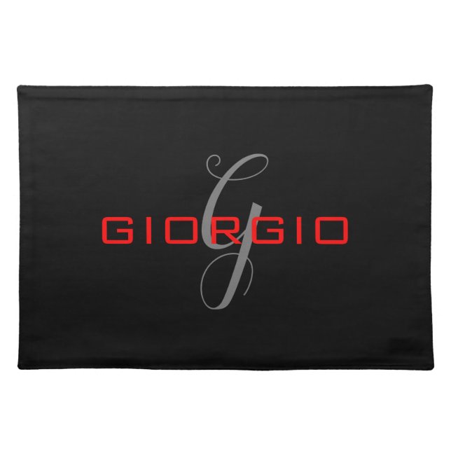 Black Red Your Name Initial Monogram Modern Cloth Placemat (Front)