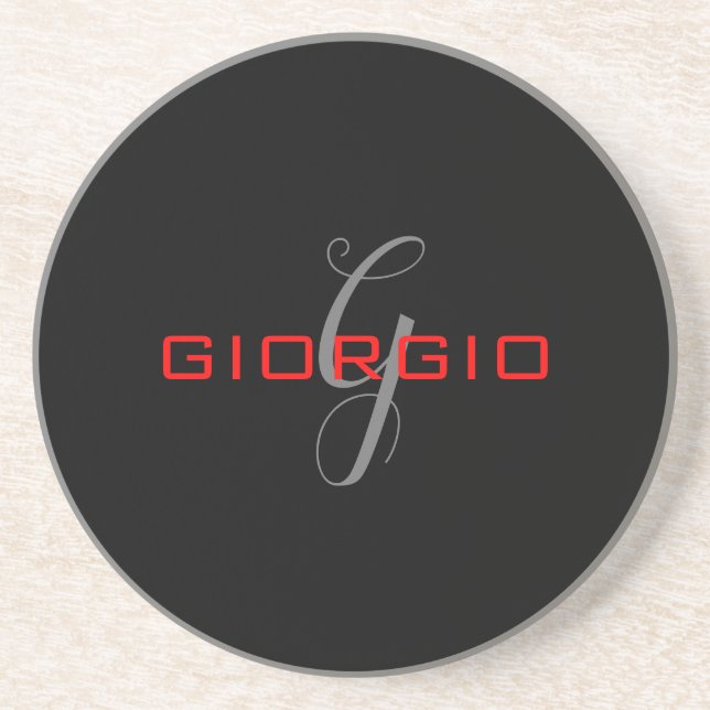 Black Red Your Name Initial Monogram Modern Coaster (Front)