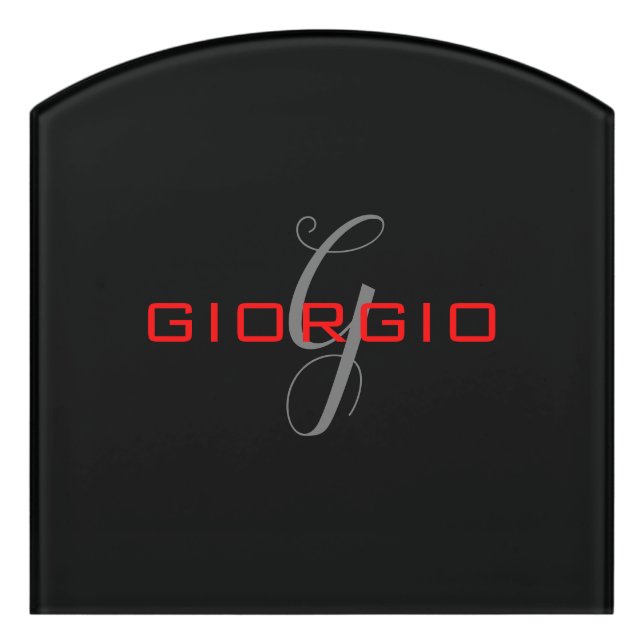 Black Red Your Name Initial Monogram Modern Door Sign (Contour Front)