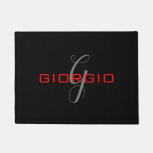 Black Red Your Name Initial Monogram Modern Doormat