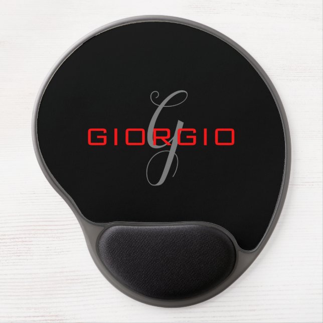 Black Red Your Name Initial Monogram Modern Gel Mouse Pad (Front)