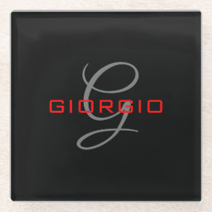 Black Red Your Name Initial Monogram Modern Glass Coaster