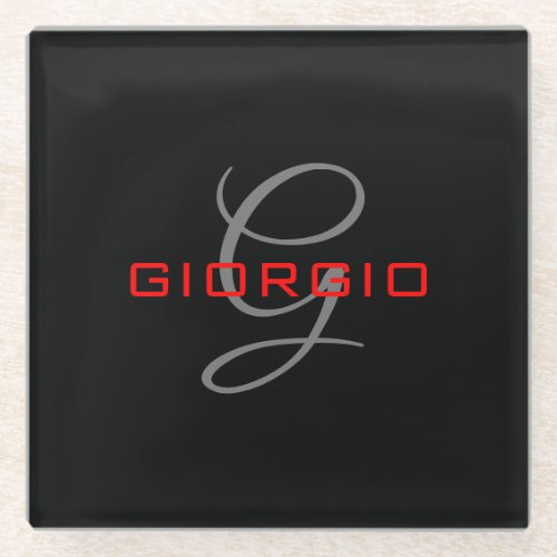 Black Red Your Name Initial Monogram Modern Glass Coaster