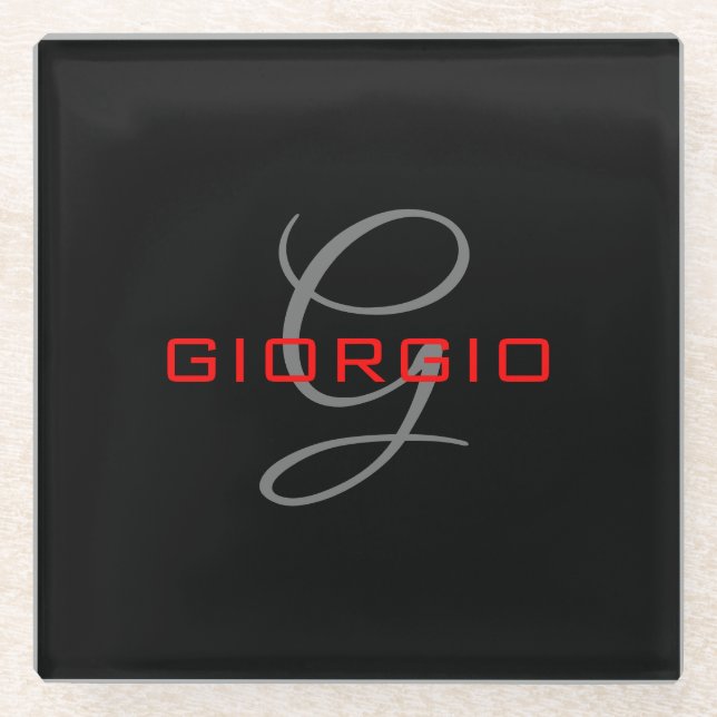 Black Red Your Name Initial Monogram Modern Glass Coaster (Front)