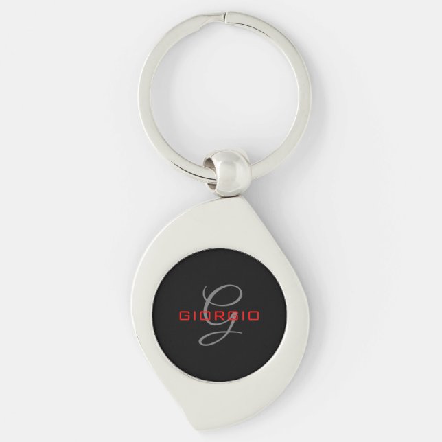 Black Red Your Name Initial Monogram Modern Keychain (Front)