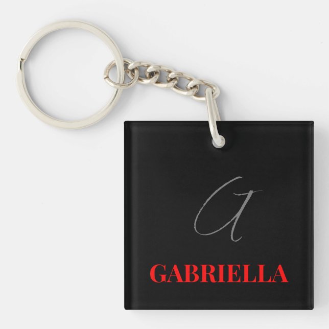Black Red Your Name Initial Monogram Modern Keychain (Front)