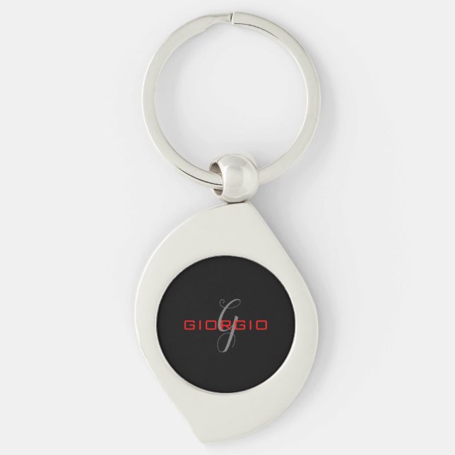 Black Red Your Name Initial Monogram Modern Keychain (Front)
