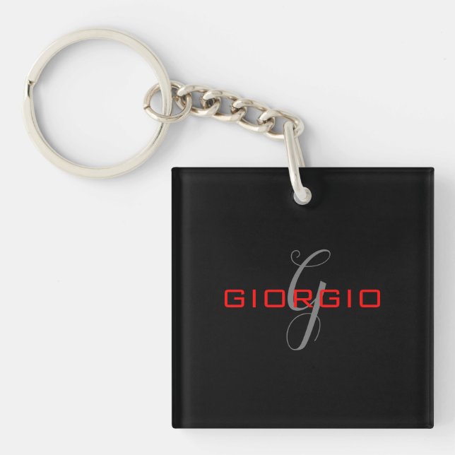 Black Red Your Name Initial Monogram Modern Keychain (Front)