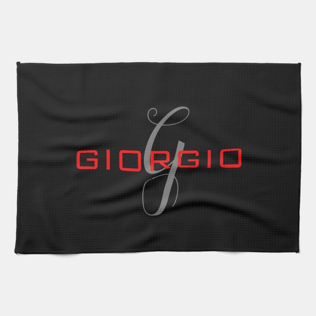 Black Red Your Name Initial Monogram Modern Kitchen Towel (Horizontal)
