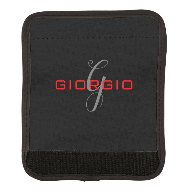 Black Red Your Name Initial Monogram Modern Luggage Handle Wrap (Front)