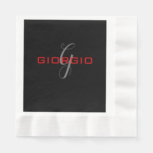 Black Red Your Name Initial Monogram Modern Napkins (Front)