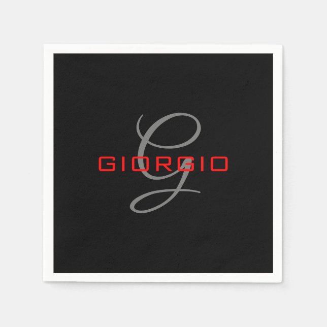 Black Red Your Name Initial Monogram Modern Napkins (Front)