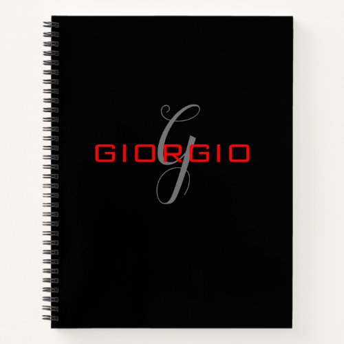 Black Red Your Name Initial Monogram Modern Notebook
