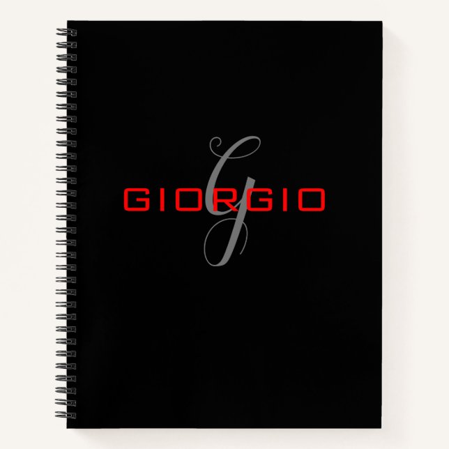 Black Red Your Name Initial Monogram Modern Notebook (Front)