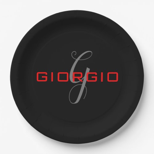 Black Red Your Name Initial Monogram Modern Paper Plates