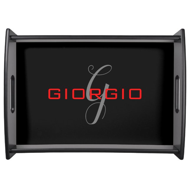Black Red Your Name Initial Monogram Modern Serving Tray (Front)