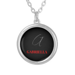 Black Red Your Name Initial Monogram Modern Silver Plated Necklace