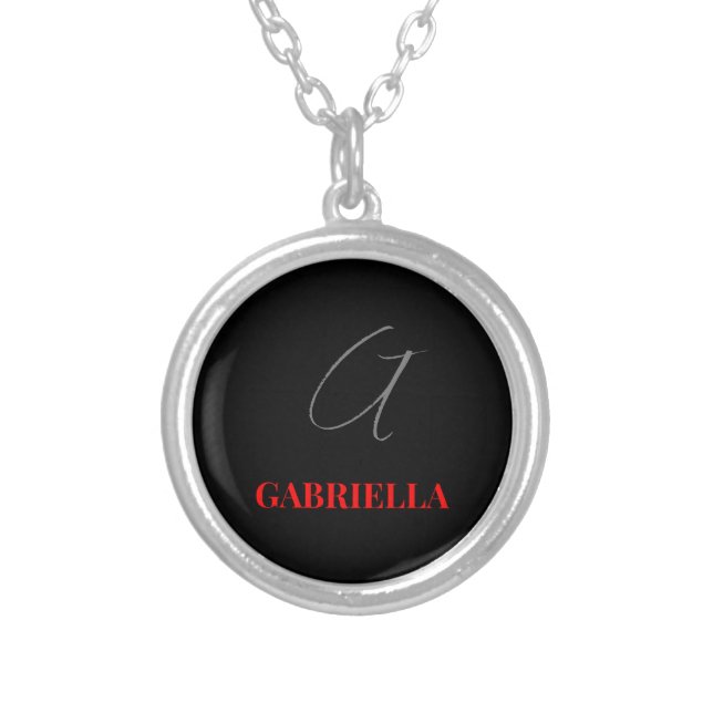 Black Red Your Name Initial Monogram Modern Silver Plated Necklace (Front)