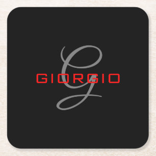 Black Red Your Name Initial Monogram Modern Square Paper Coaster