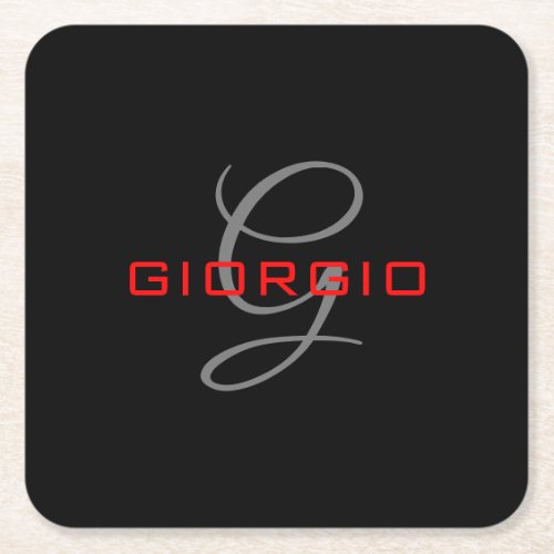 Black Red Your Name Initial Monogram Modern Square Paper Coaster