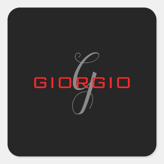 Black Red Your Name Initial Monogram Modern Square Sticker (Front)