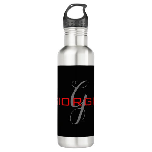 Black Red Your Name Initial Monogram Modern Stainless Steel Water Bottle
