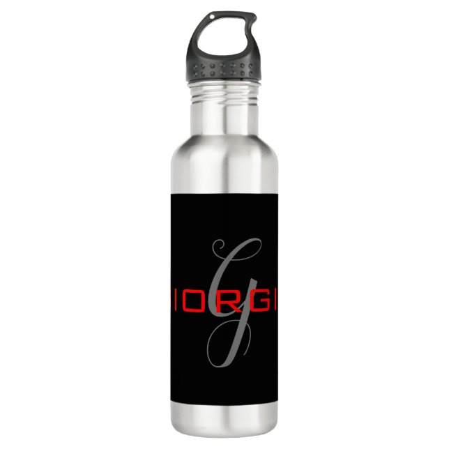 Black Red Your Name Initial Monogram Modern Stainless Steel Water Bottle (Front)