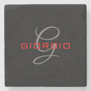 Black Red Your Name Initial Monogram Modern Stone Coaster