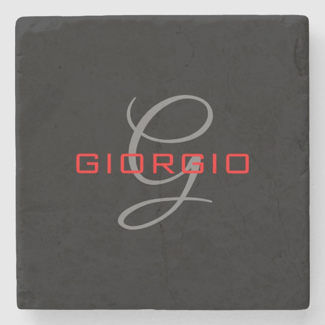 Black Red Your Name Initial Monogram Modern Stone Coaster (Front)
