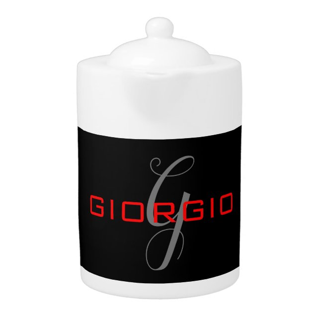 Black Red Your Name Initial Monogram Modern Teapot (Front)
