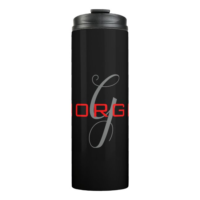 Black Red Your Name Initial Monogram Modern Thermal Tumbler (Front)