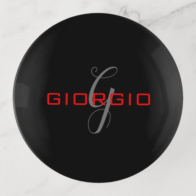 Black Red Your Name Initial Monogram Modern Trinket Tray (Front)