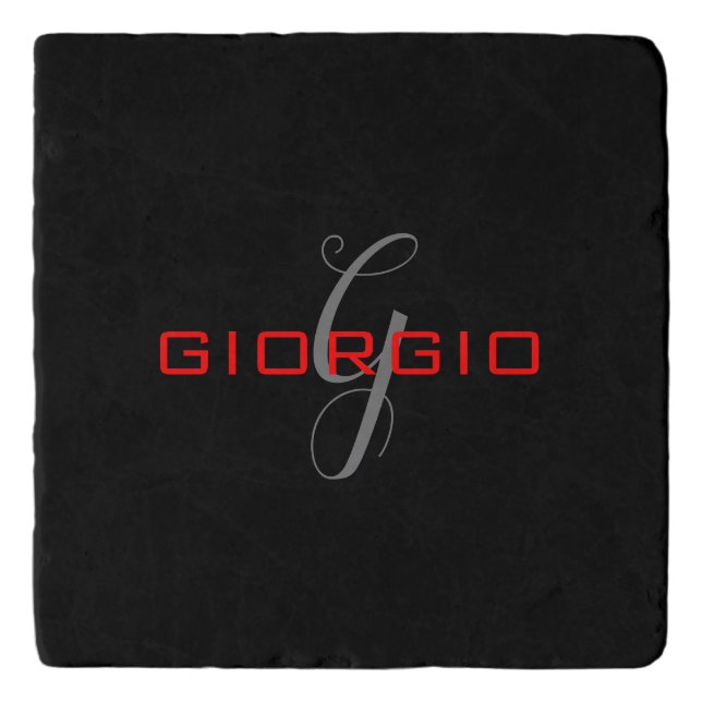 Black Red Your Name Initial Monogram Modern Trivet (Front)