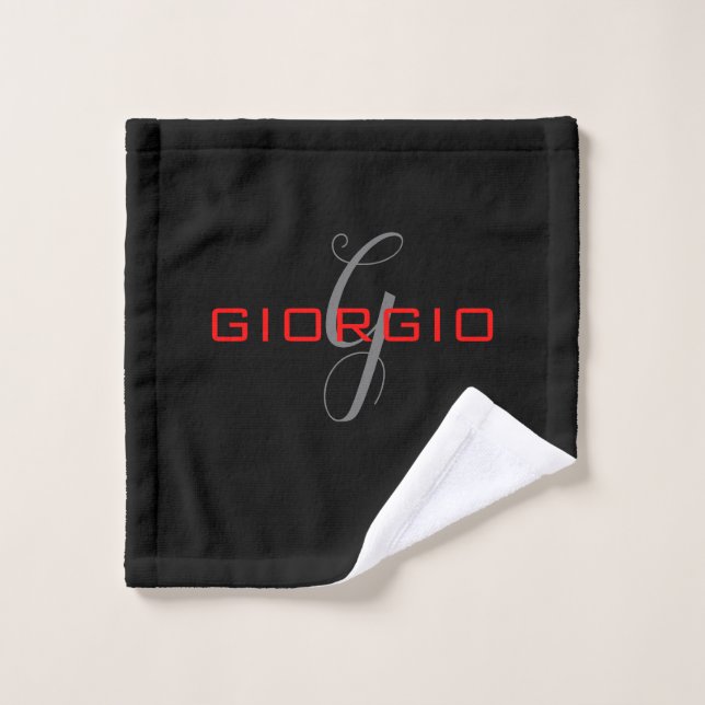 Black Red Your Name Initial Monogram Modern Wash Cloth (Wash Cloth)