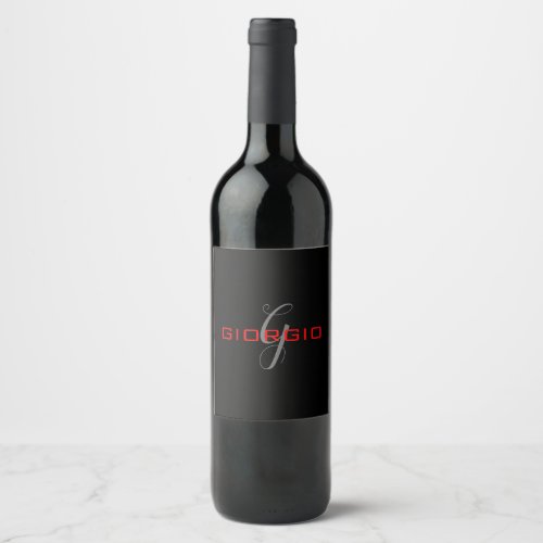 Black Red Your Name Initial Monogram Modern Wine Label