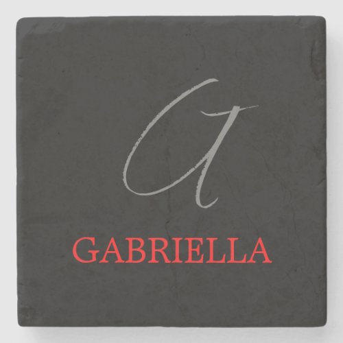 Black Red Your Name Initial Monogram Stone Coaster