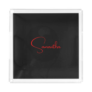 Black Red Your Name Minimalist Modern Calligraphy Acrylic Tray