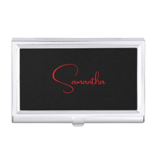Black Red Your Name Minimalist Modern Calligraphy Business Card Case
